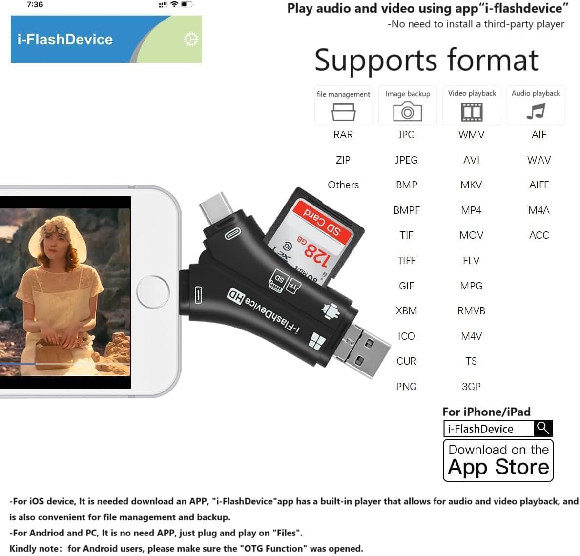 [Mfi Certified] 4In1 Sd Card Reader For Iphone That Reads Both Sd Tf Memory Simultaneously,For Trail Camera/Hunting Game Camera