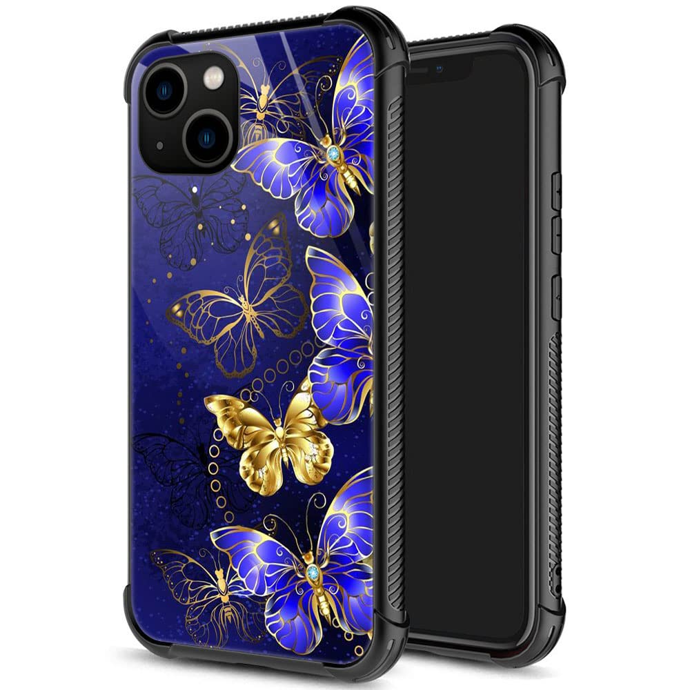 Iphone 13 Case, Blue Gold Butterfly Iphone 13 Cases For Women Girls, Pattern Design Shockproof Anti Scratch Organic Glass Case F