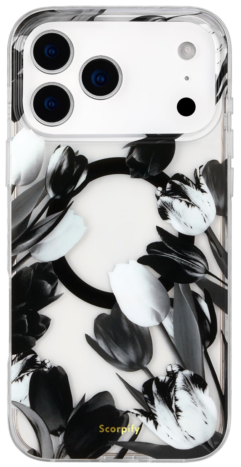 SCORPIFY for iPhone 17 Pro Case [Compatible with MagSafe] with Black Tulip Floral Design, Cute Clear Flower Magnetic Phone Cover