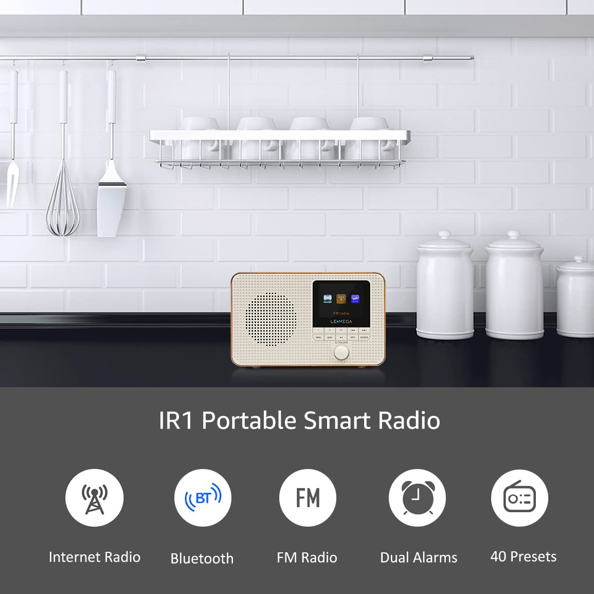 Lemega Ir1 Portable Wifi Internet Radio,Fm Digital Radio,Bluetooth Speaker,Dual Alarms Clock,Sleep Snooze Timer,40 Presets, Headphone Output,Colour Display,Batteries Or Mains Powered � Walnut Finish