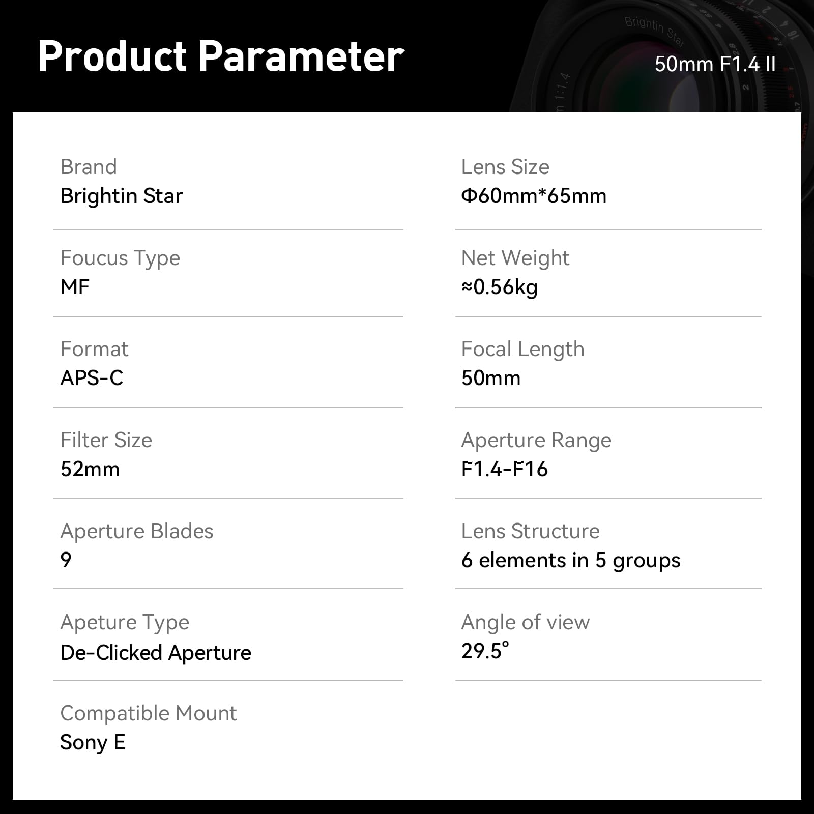 Brightin Star 50Mm F1.4 Big Aperture Aps C Manual Focus Mirrorless Camera Lens, Fit For Sony Alpha Zv E10, A7Iv, A6400, A7Ii, A7