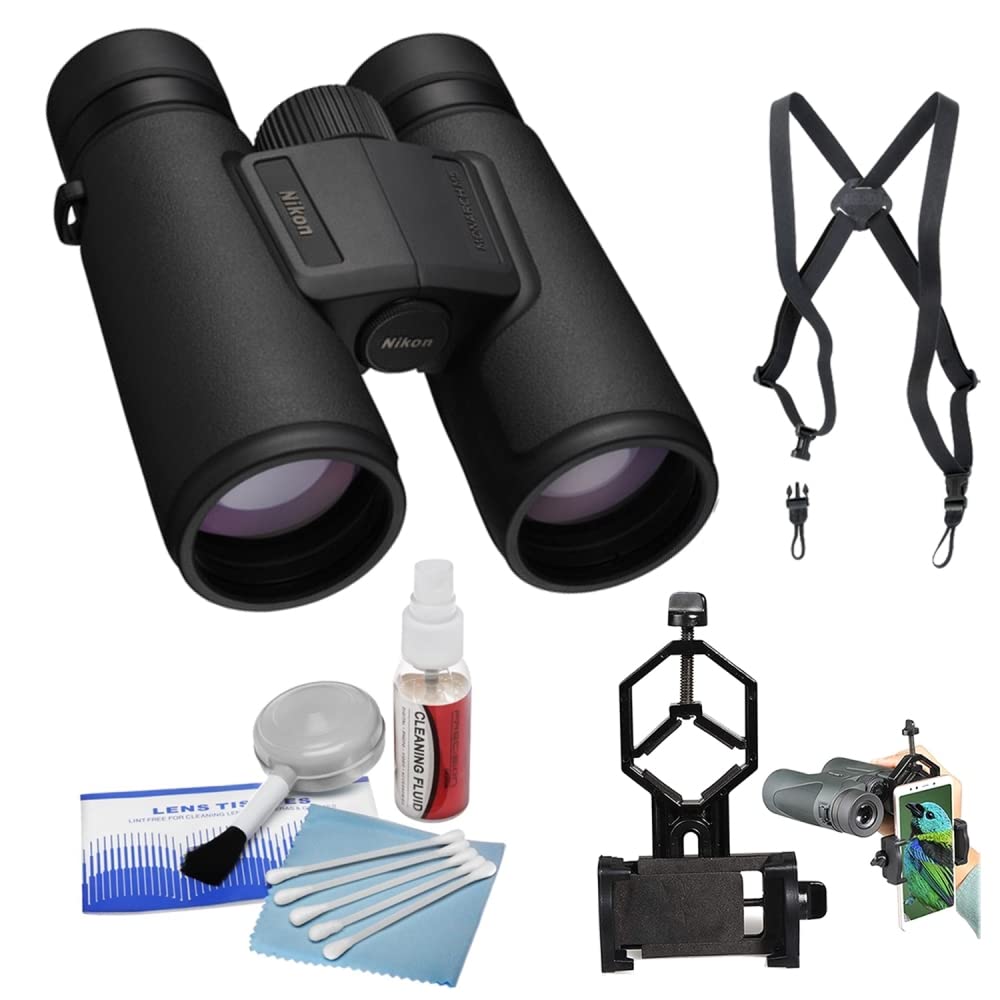 Nikon 12X42 Monarch M5 Binoculars | Black Bundle With Binocular Harness + Smartphone To Binocular Adapter + 5 Piece Cleaning Kit