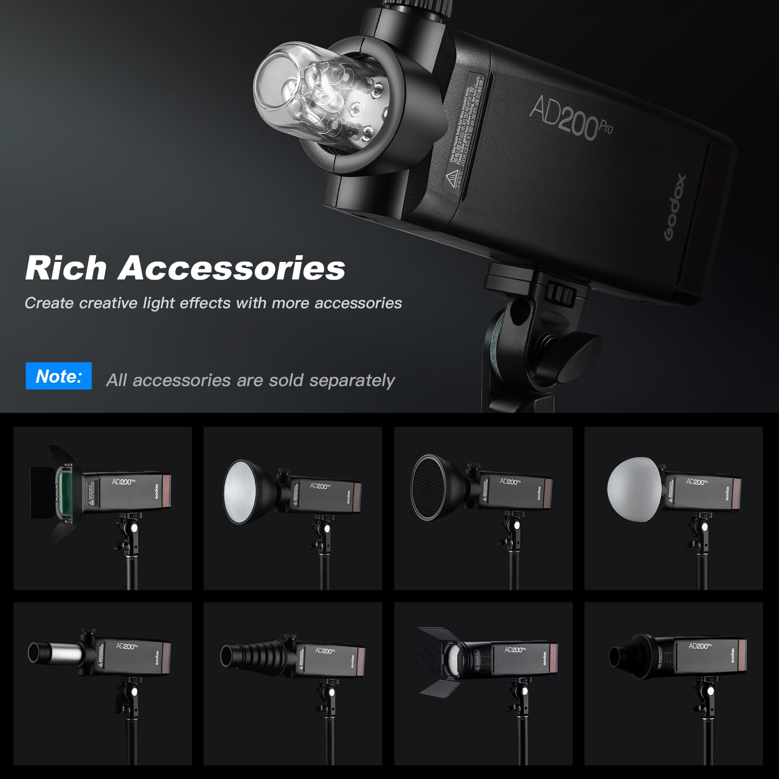 Godox Ad200Pro Ad200 Pro 200Ws 2.4G Ttl 1/8000 Hss Flash Strobe Speedlite Monolight With Bd 07 Barn Door Honeycomb Grid 4 Color