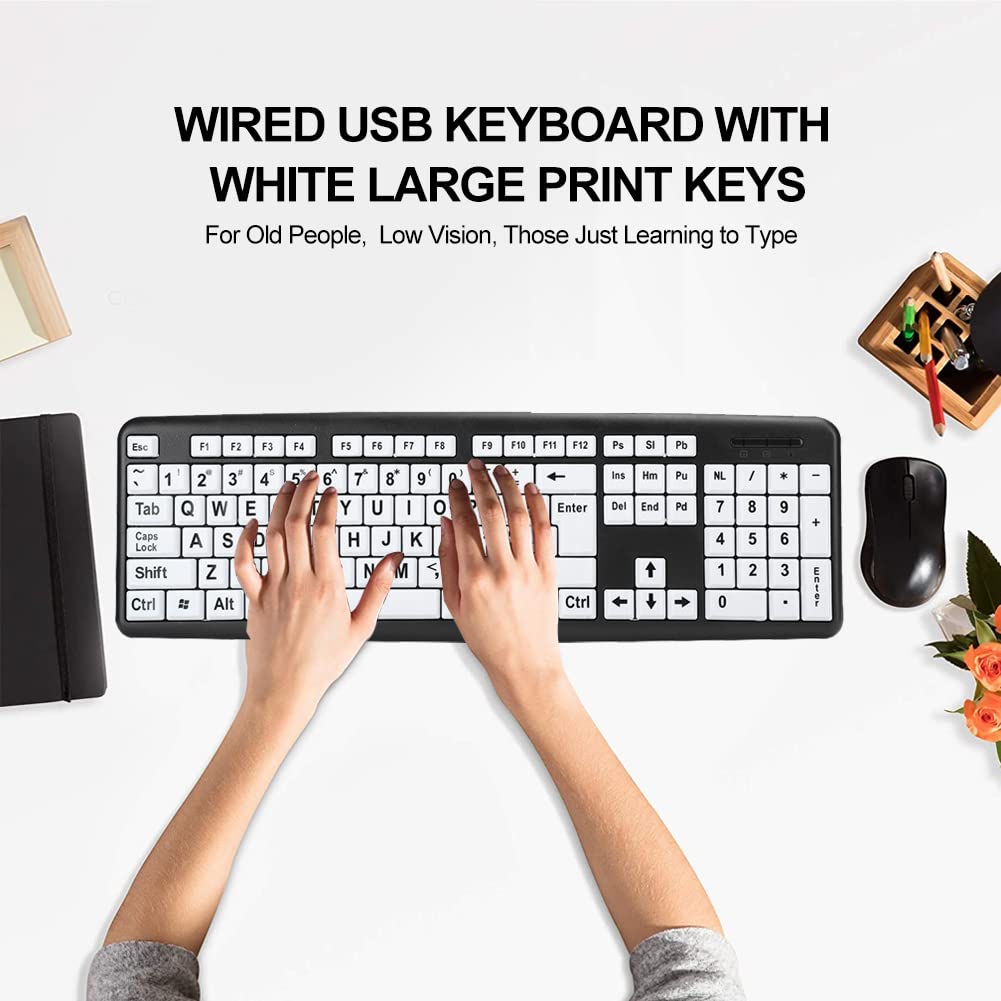 Zopsc 1 Black Computer Keyboard Wired Usb Keyboard Low Vision Keyboard Usb Wired Old People Keyboard With White Large Print Keys