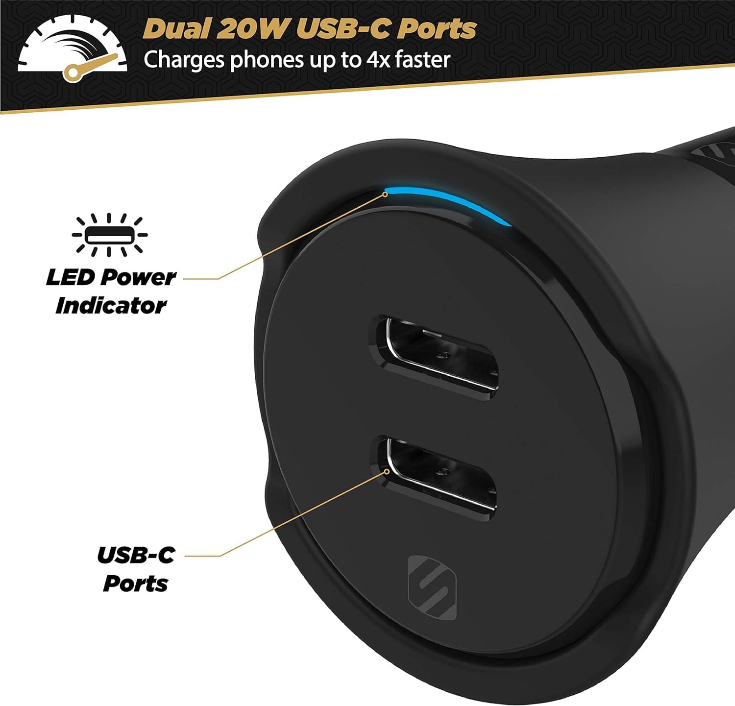 Scosche CPDCC40 PowerVolt 40 Watt Certified USB Type C Fast Car Charger Power Delivery 3.0 for Standard USB C Devices, Dual USB C Charger