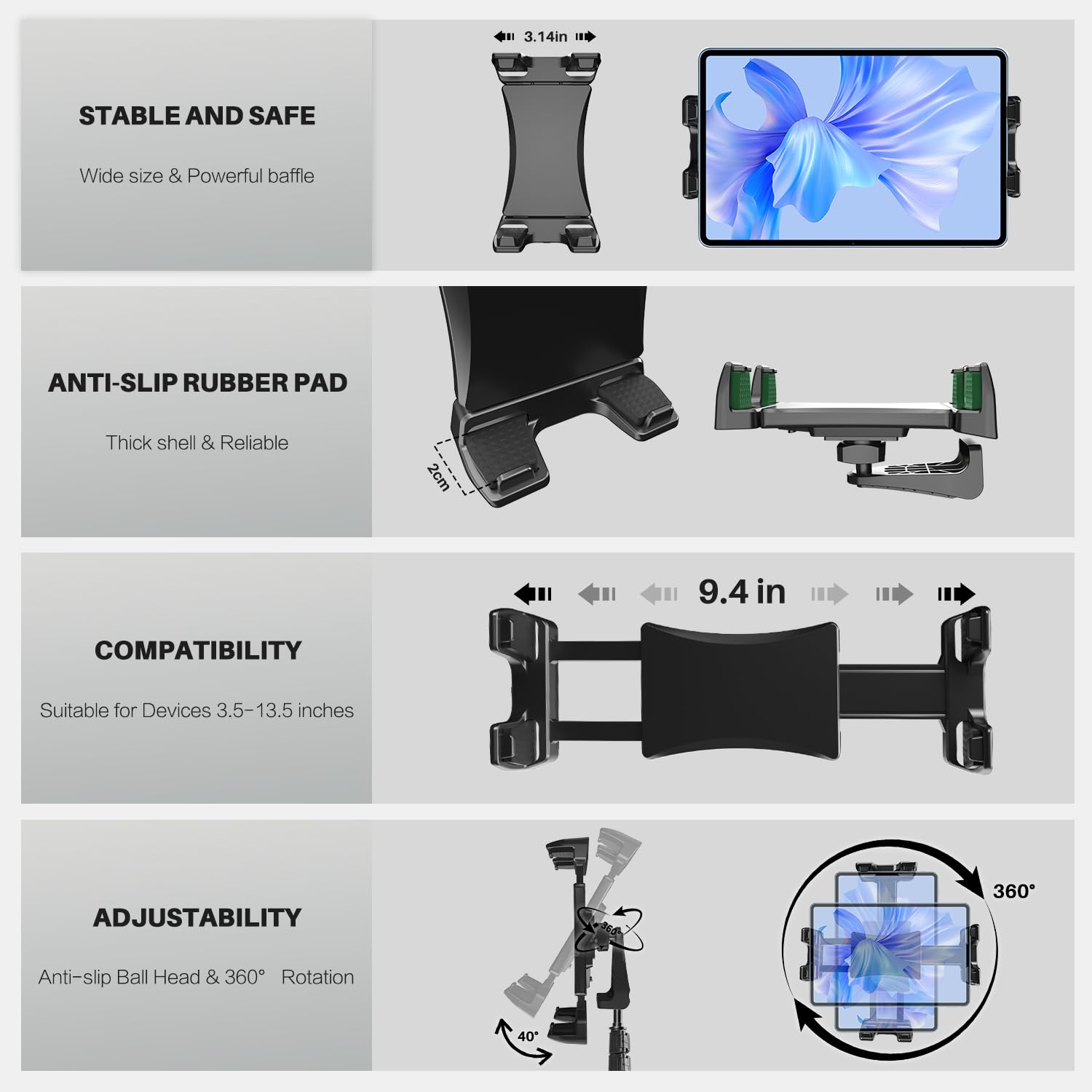 Tablet Tripod Mount Adapter 360 Degree Rotatable Universal, Tablet Clamp Holder For Tripod, Selfie Stick, Monopod, Compatible Wi