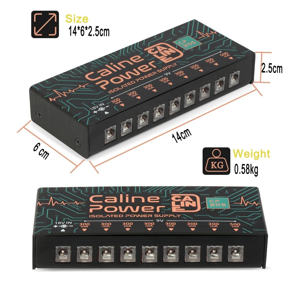 Caline Cp 205 Guitar Pedal Power Supply, Dc 9V True Isolated Pedalboard Power Supply With 8 Totally Isolated Outputs(300Ma/500Ma