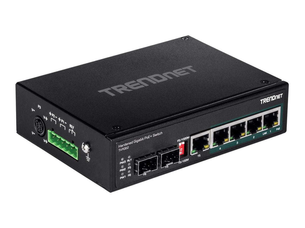 Trendnet 6 Port Hardened Industrial Gigabit Poe+ Din Rail Switch, 4 X Gigabit Poe+ Ports, Shared Gigabit Port (Rj 45/Sfp), Dedic