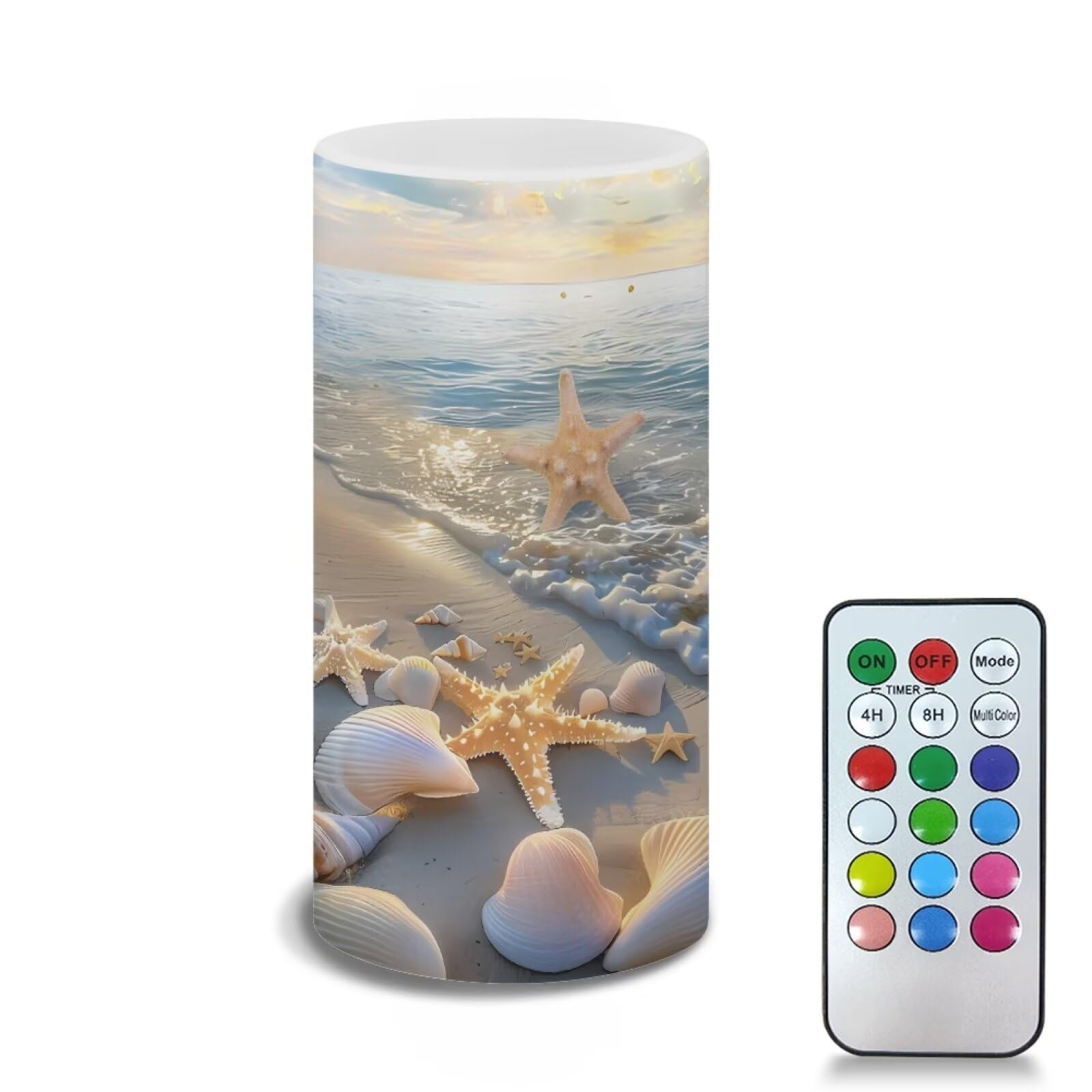 Poceacles Beach Starfish Shell Sea Flameless Candle with 18-Key Remote Timer Color Changing, Flickering Wick Realistic Votive El