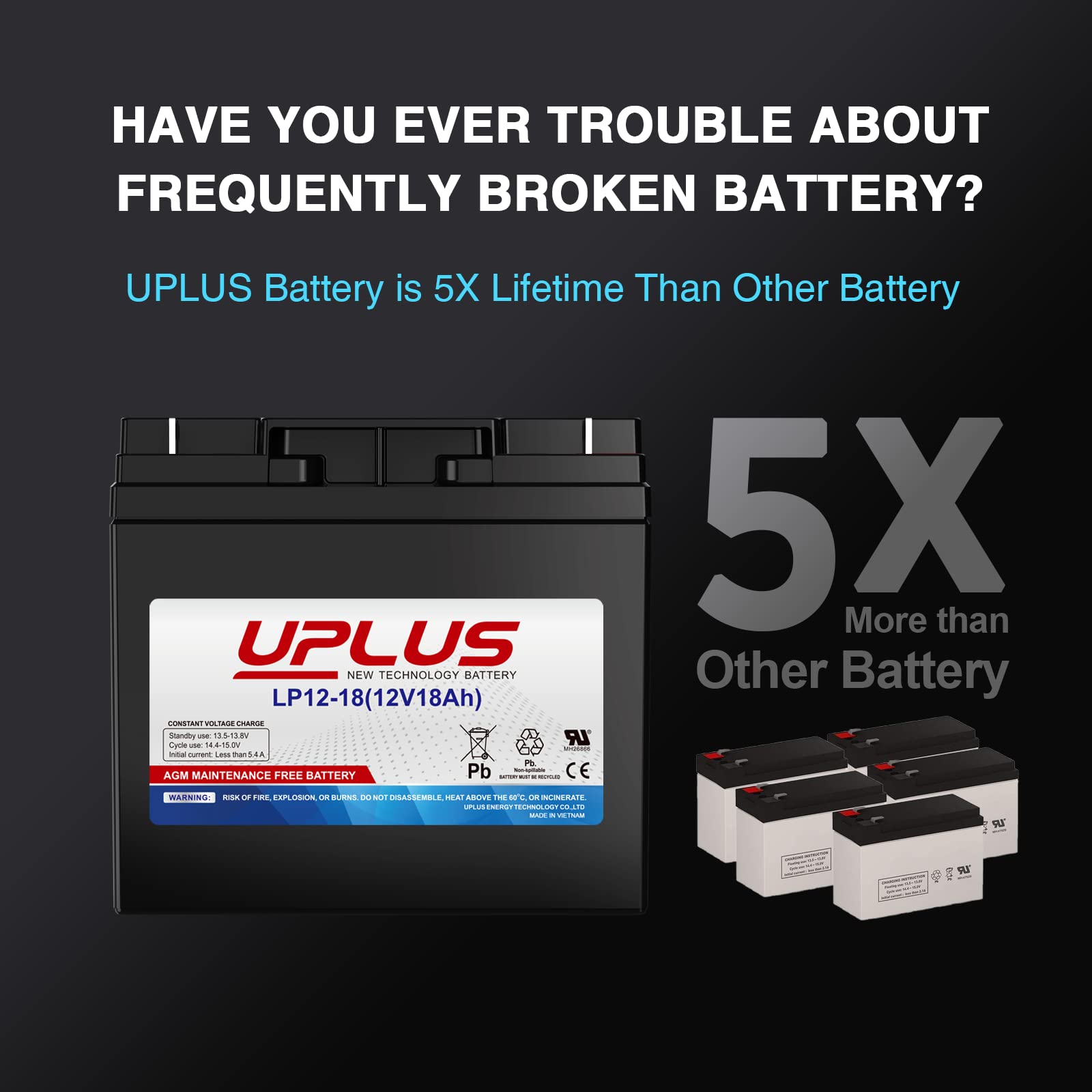 Uplus12V 18Ah Rechargeable Sealed Lead Acid Battery With Nut And Bolt (Nb) Terminal, Rechargeable Sla Agm Battery Replaces Ub121