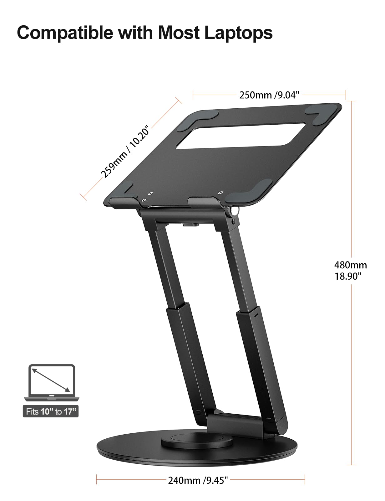 Tounee Telescopic Laptop Stand For Desk With 360 Swivel Base, Sit To Stand, Height Adjustable, Portable Riser Holder For Good Po