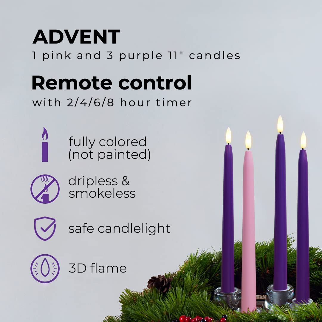 Stmarry Flameless Advent Candles, Set Of 4   Flickering Led Flame, 11 Inch Taper Candlesticks, Remote Controlled, Purple And Pin