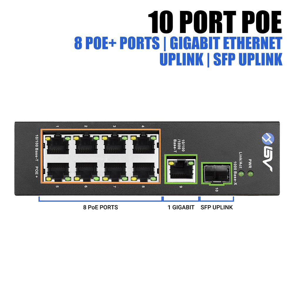 Bv Tech 8 Port Poe Switch With 1 Gigabit Uplink And Industrial Din Rail   Power Over Ethernet Network Switch For Ip Cameras, Voi