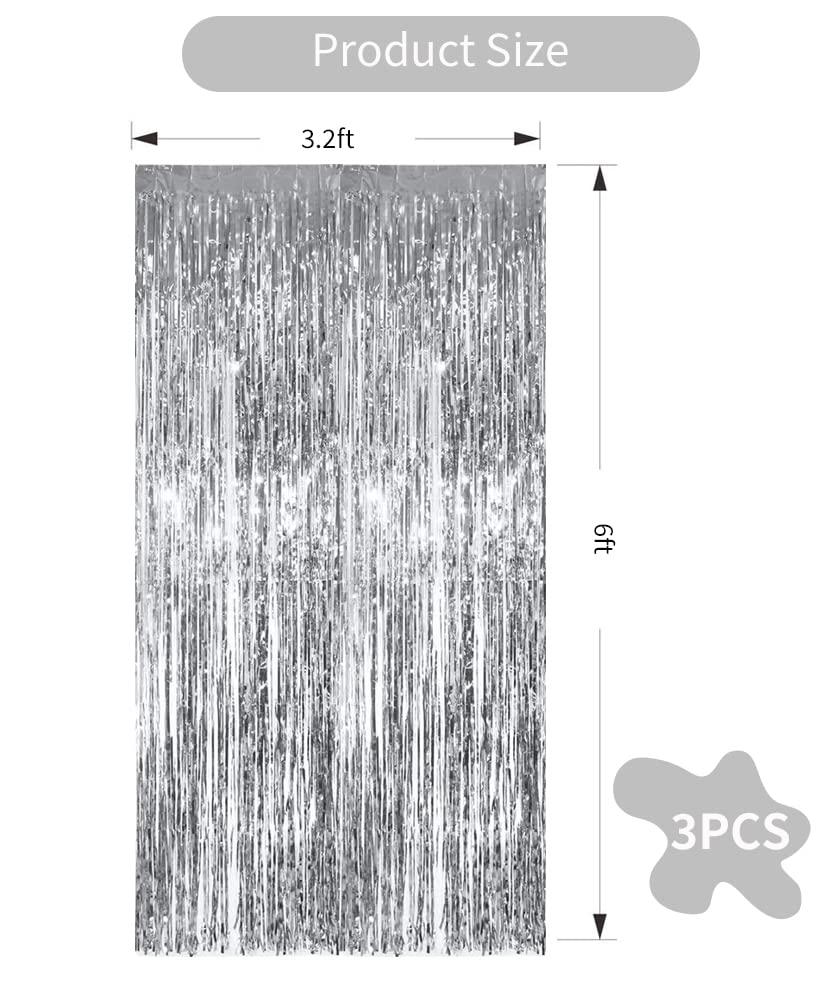 3Pcs Silver Metallic Tinsel Foil Fringe Curtains,3.28Ft X 6.56Ft Silver Photo Booth Backdrop Streamer Curtain,Ideal For Bachelor