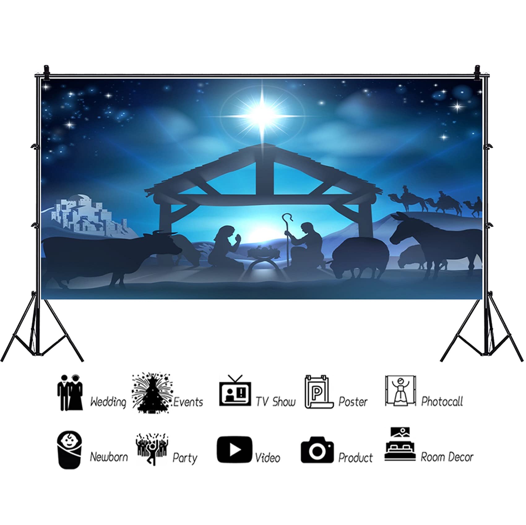 Lfeey 20X10Ft Birth Of Jesus Backdrop Christmas Night Manger Nativity Scene Silhouette Background Farm Barn Stable Christianity
