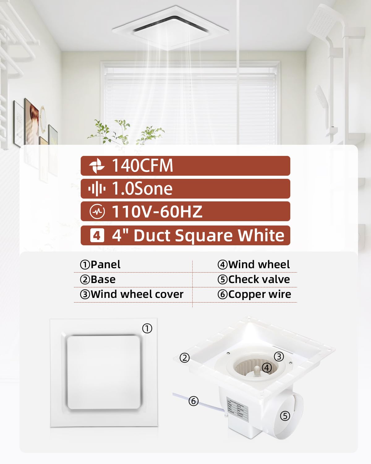 Bathroom Ventilation Fan, 12Inch, Bathroom Exhaust Fan, 140Cfm, Quiet Bathroom Exhaust Fan, 1.0 Sone, For Hotel, Living Room, 4'