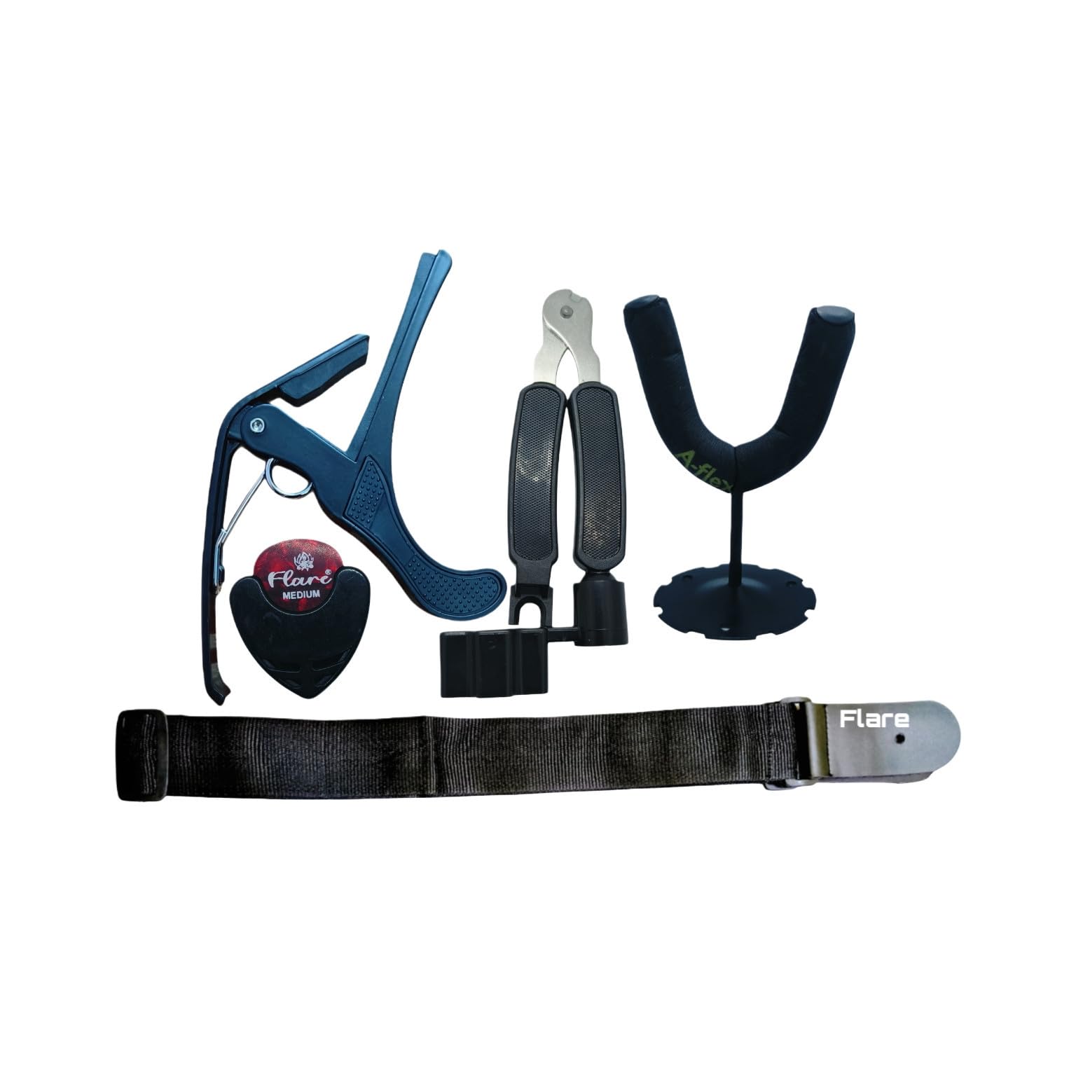 Flare Combo Of 1 Black B4 Capo, Wall Holder, Pick Holder, Black Belt And 3 In1 Winder With 1 Pick