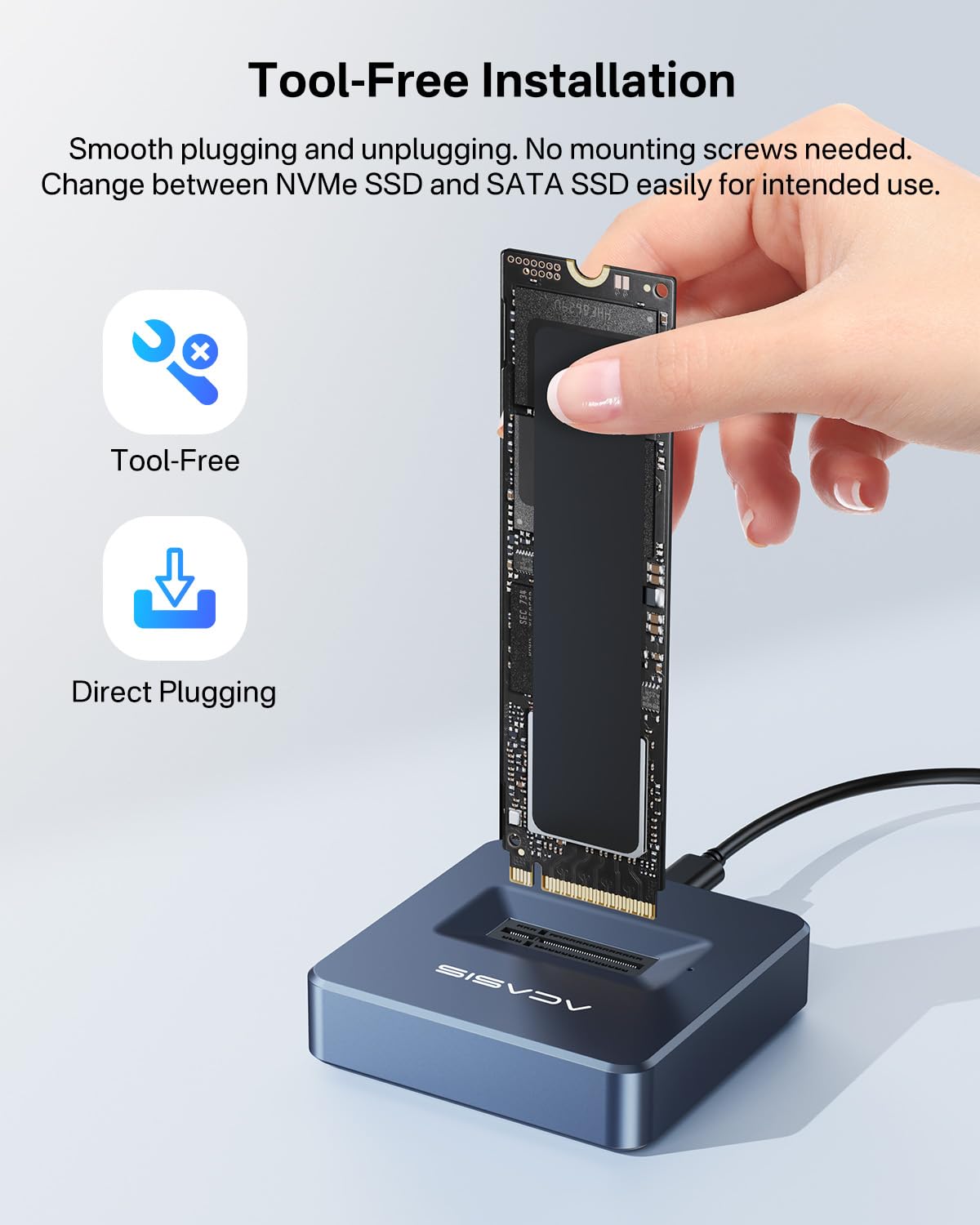 Acasis Nvme Ssd Reader Adapter, Aluminium Alloy Housing Fast Heat Dissipation, Nvme To Usb Docking Station, M.2 Ssd To Usb Adapter 10Gbps, Support M.2 (M Key) Nvme Ssd And (B+M Key) Sata Based Ssd