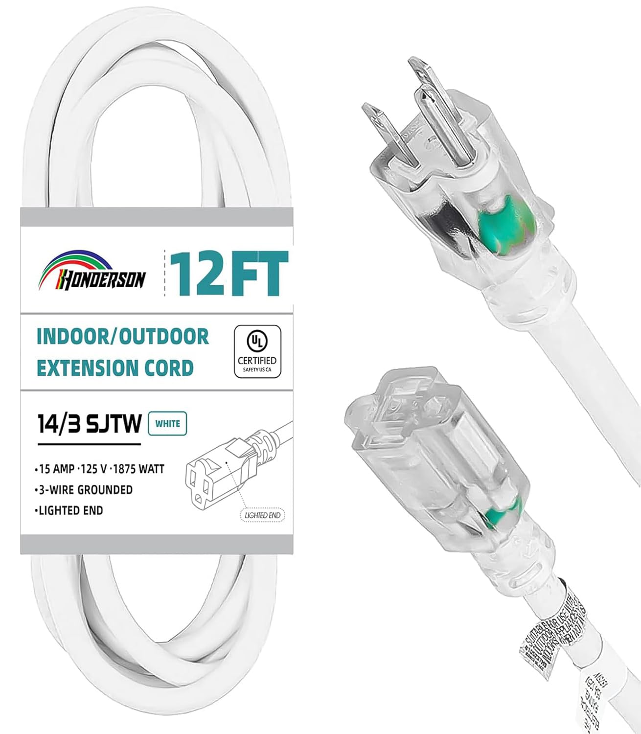 Honderson Indoor Outdoor Extension Cord Weatherproof With Lighted End, Ul Listed, 14 Gauge 12Ft White 3 Prong Heavy Duty Extensi
