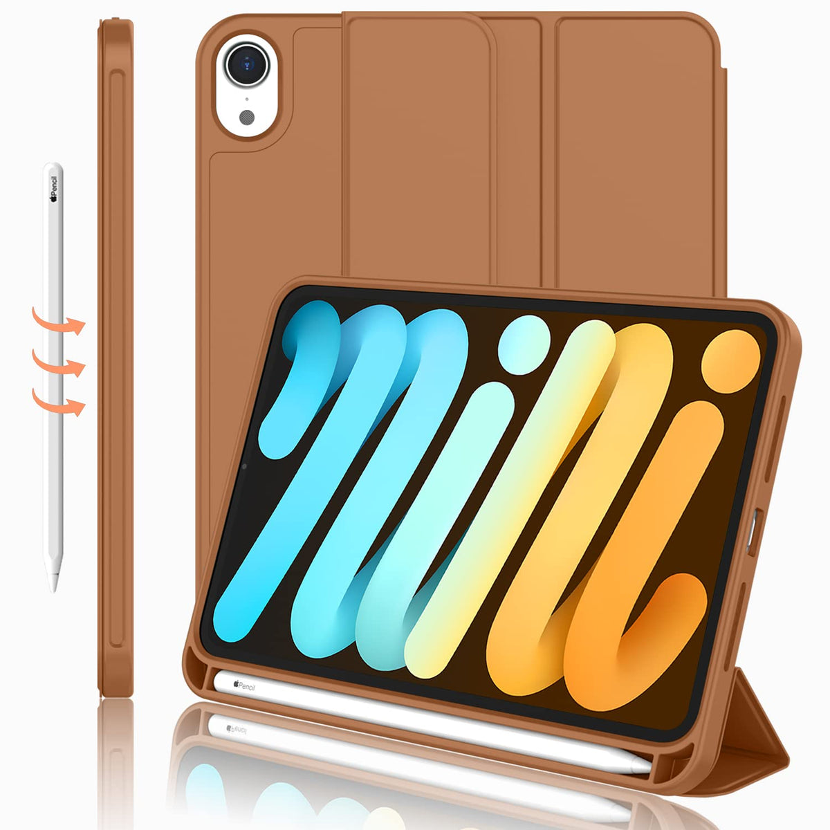 Imieet Ipad Mini 7 Case 2024 (A17 Pro), Ipad Mini 6 Case (8.3 Inch,2021 Model), Ipad Mini 7Th/6Th Generation Case With Pencil Holder, Trifold Stand Smart Case With Soft Tpu Back,Brown