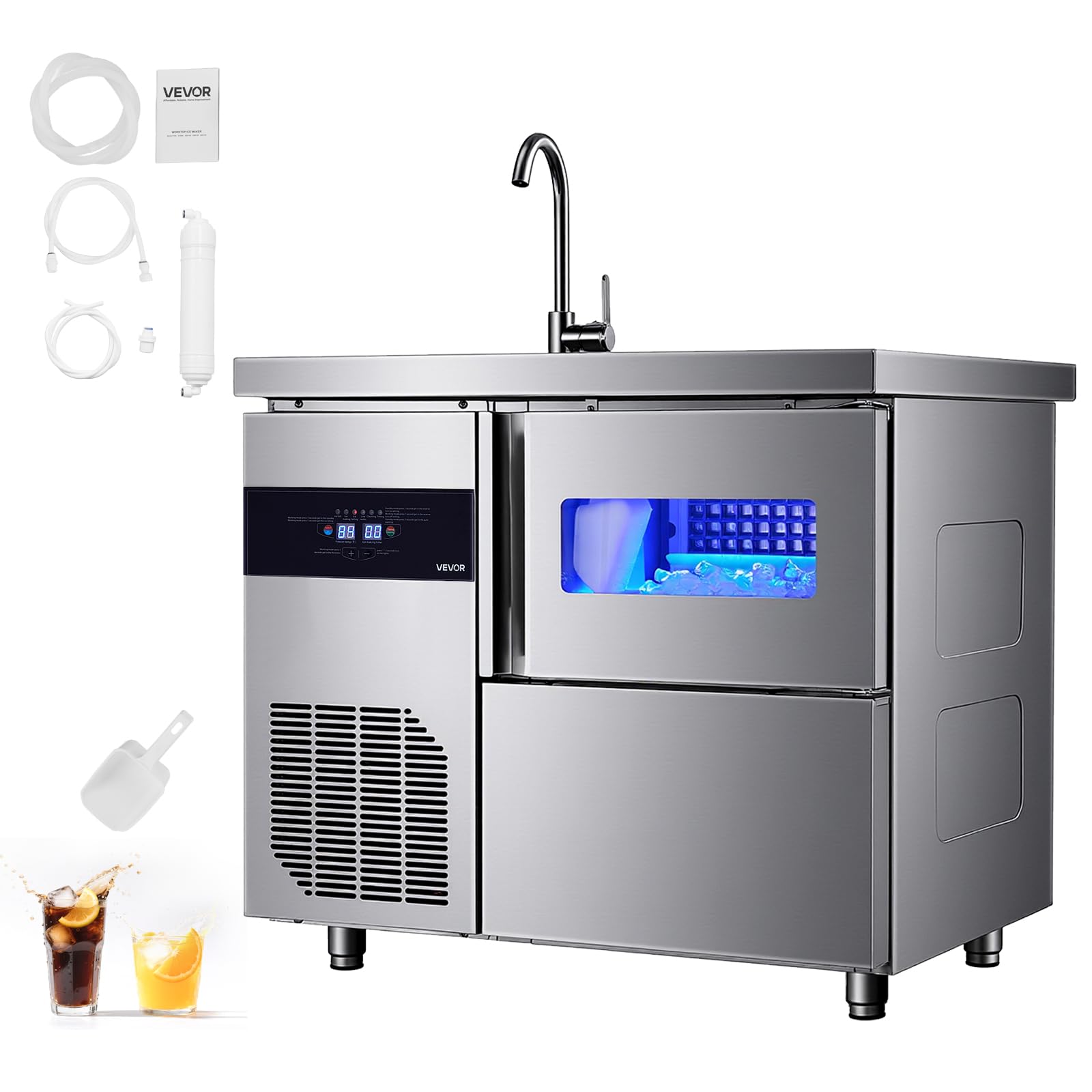 VEVOR Commercial Ice Maker Machine, 132 lbs/24H Stainless Steel Worktop Ice Machine with Sink, 30 lbs Storage & 70 Cubes/Cycle, 