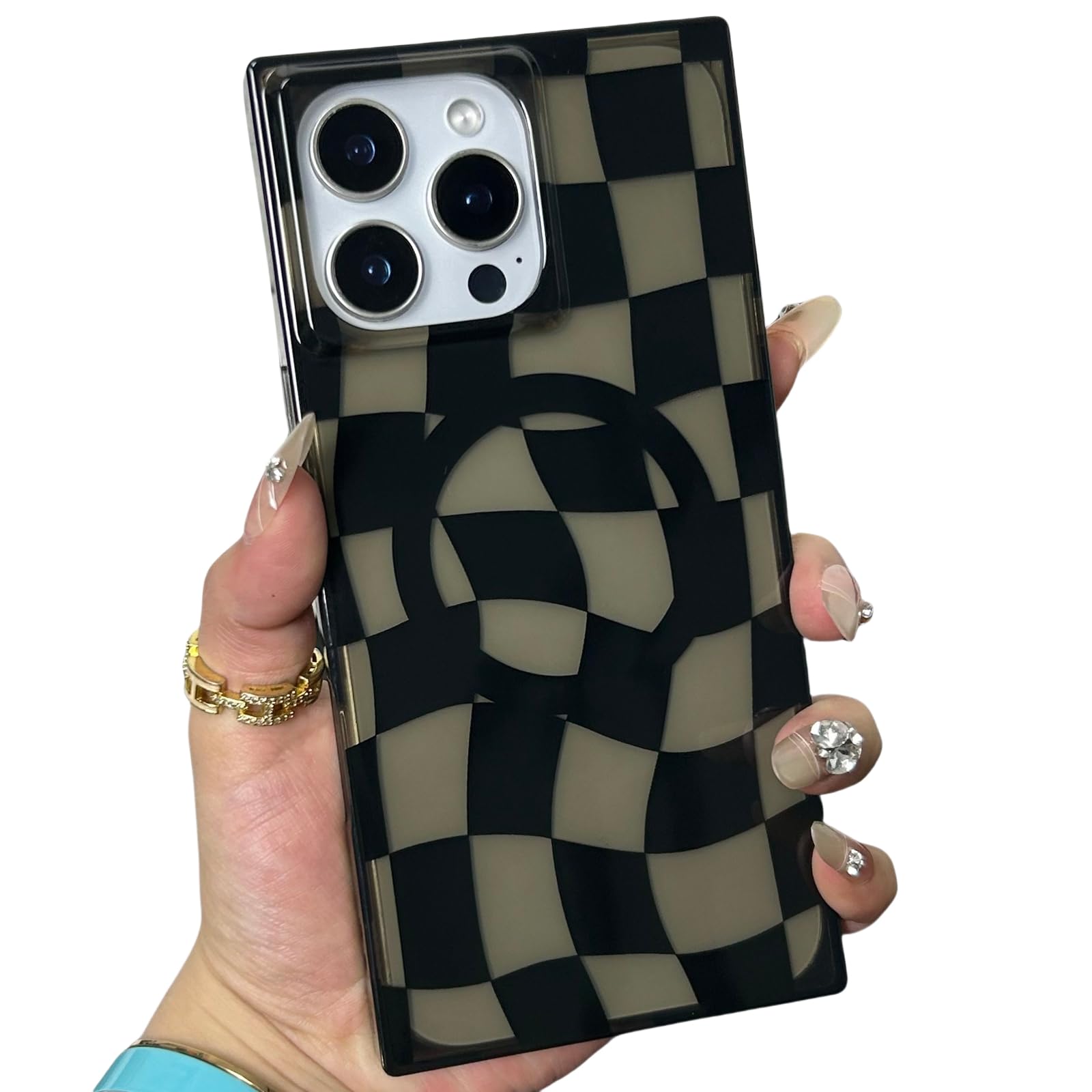 RoyMonkey Checkered Magnetic Phone Case for iPhone 14 Pro Max Compatible with Magsafe - Rectangular Checker Checkerboard Twist P