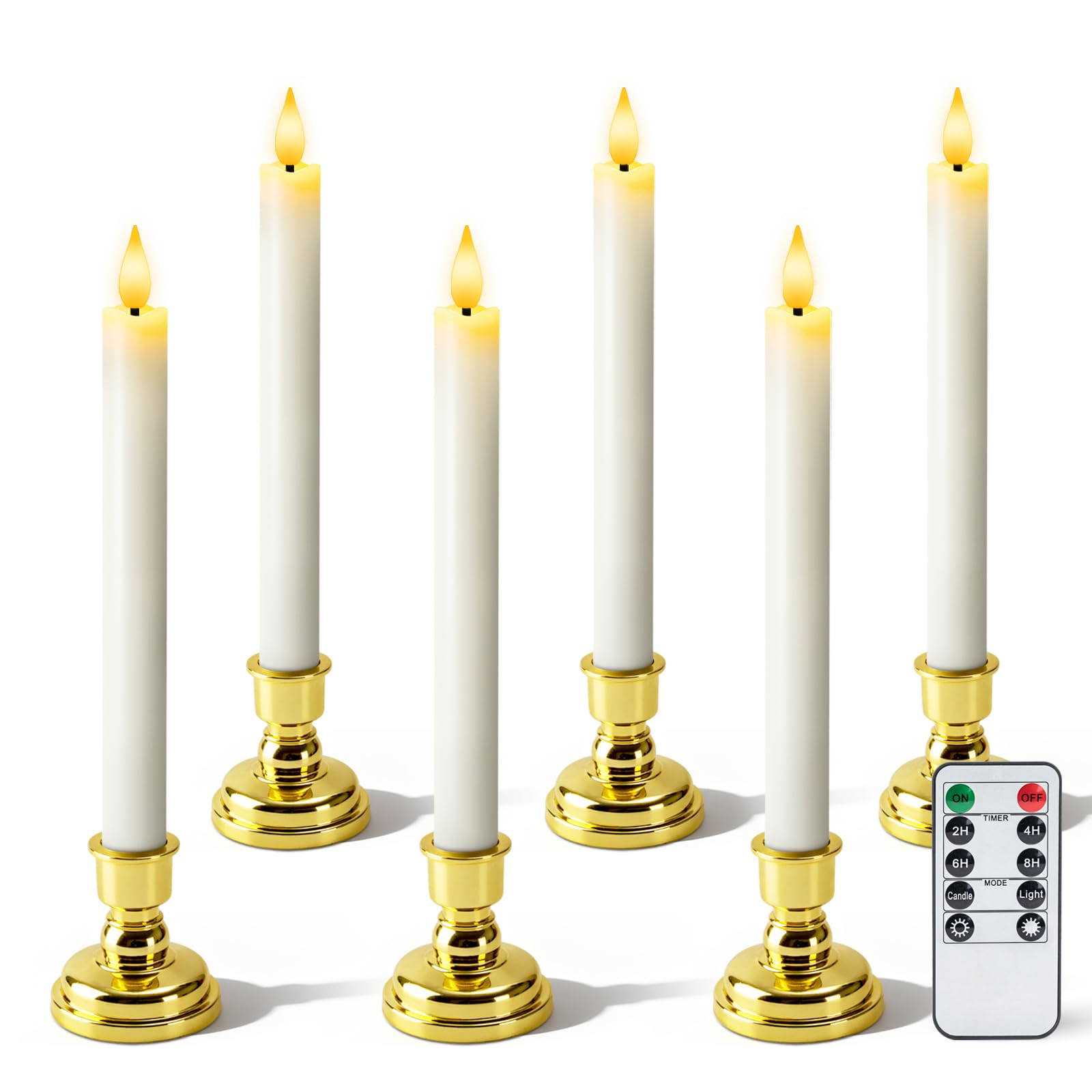 Meigic 6 Pcs Window Candles with Remote and Timer, White Battery Operated Candlesticks with Gold Holders, LED Christmas Candle f