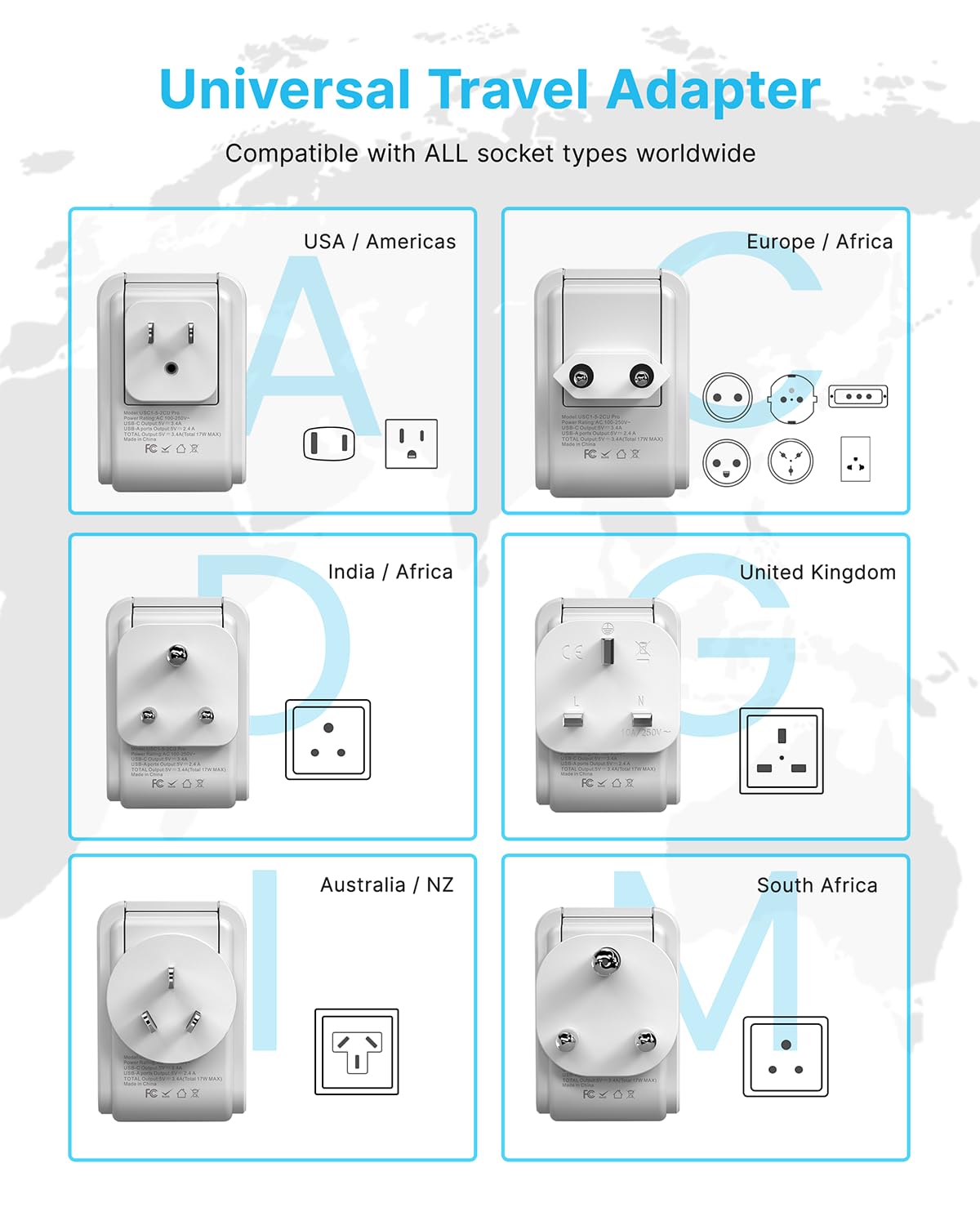 Vintar Universal Travel Adapter Kit, 3Ft Detachable Extension Cord With 4 Ac Outlets & 3 Usb(2 Usb C), Type A/C/G/D/I/M Internat