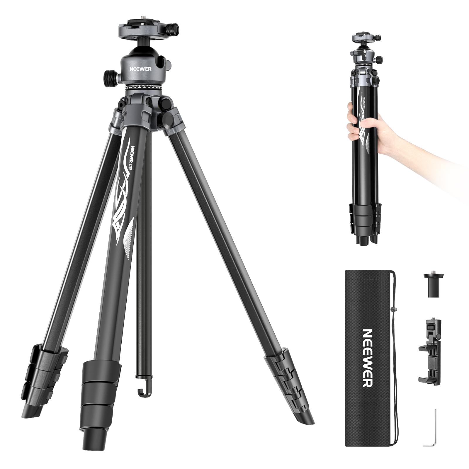Neewer Litetrip Lt07 61'' Aluminum Travel Tripod For Camera W Pan Tilt Low Profile Ball Head, Arca Qr Plate Compatible With Peak