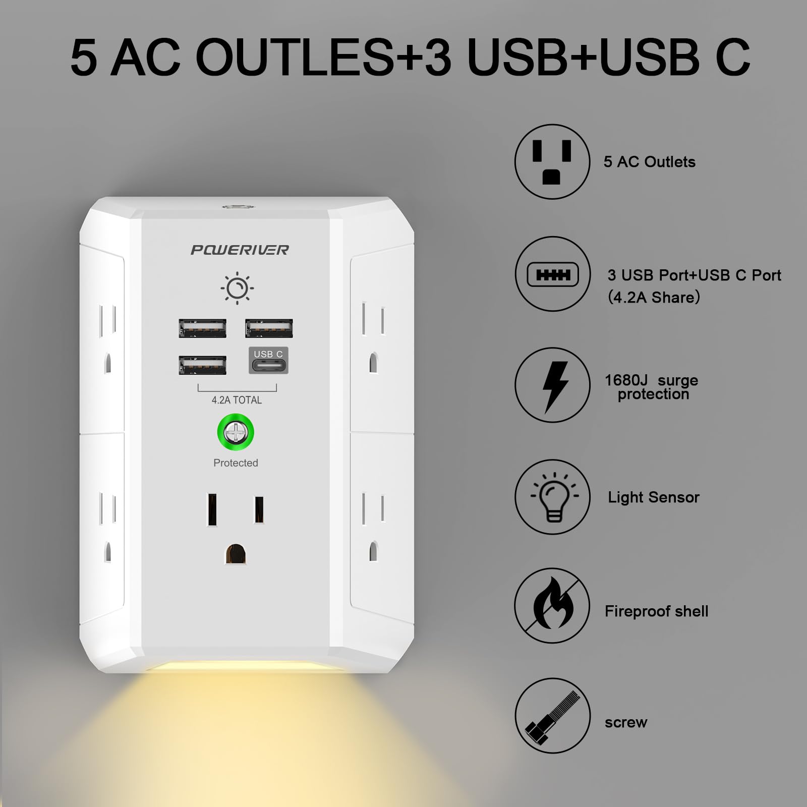 Multi Plug Outlet Surge Protector, Poweriver 5 Outlet Extender With 4 Usb Ports(1Usb C) And Night Light, 3 Sided Outlet Splitter