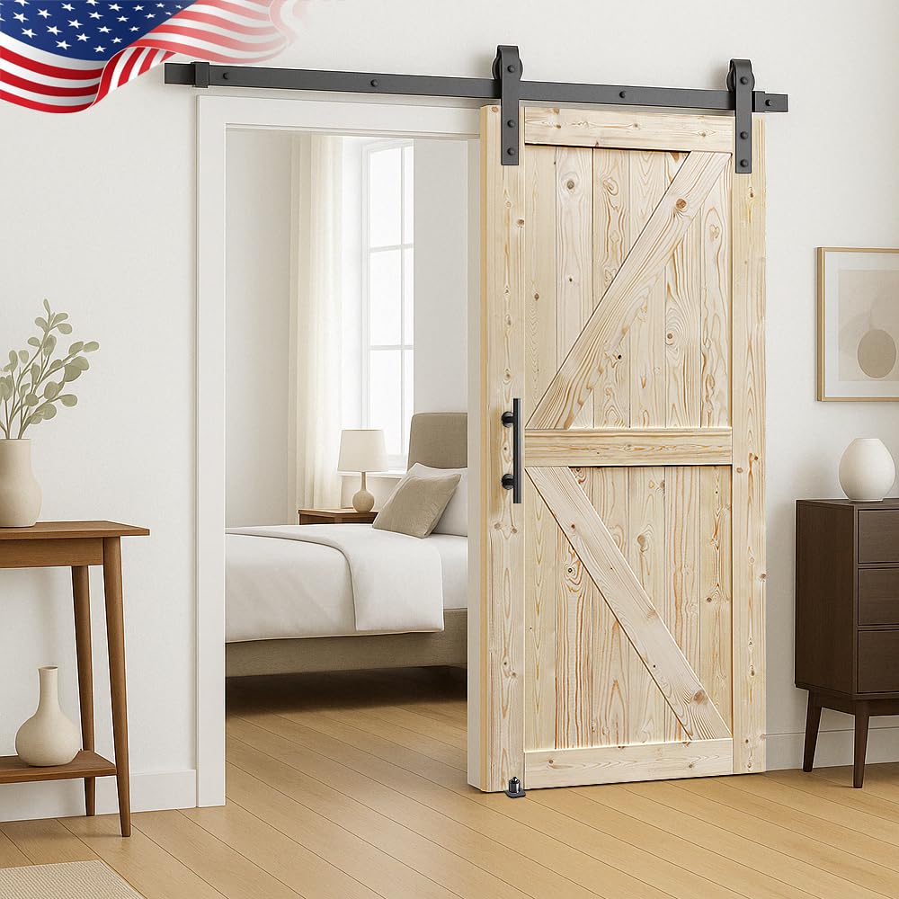 S&Z TOPHAND 42 in. x 84 in. Unfinished British Brace Knotty Barn Door with 8FT Sliding Door Hardware Kit/Solid Wood/Sliding Door