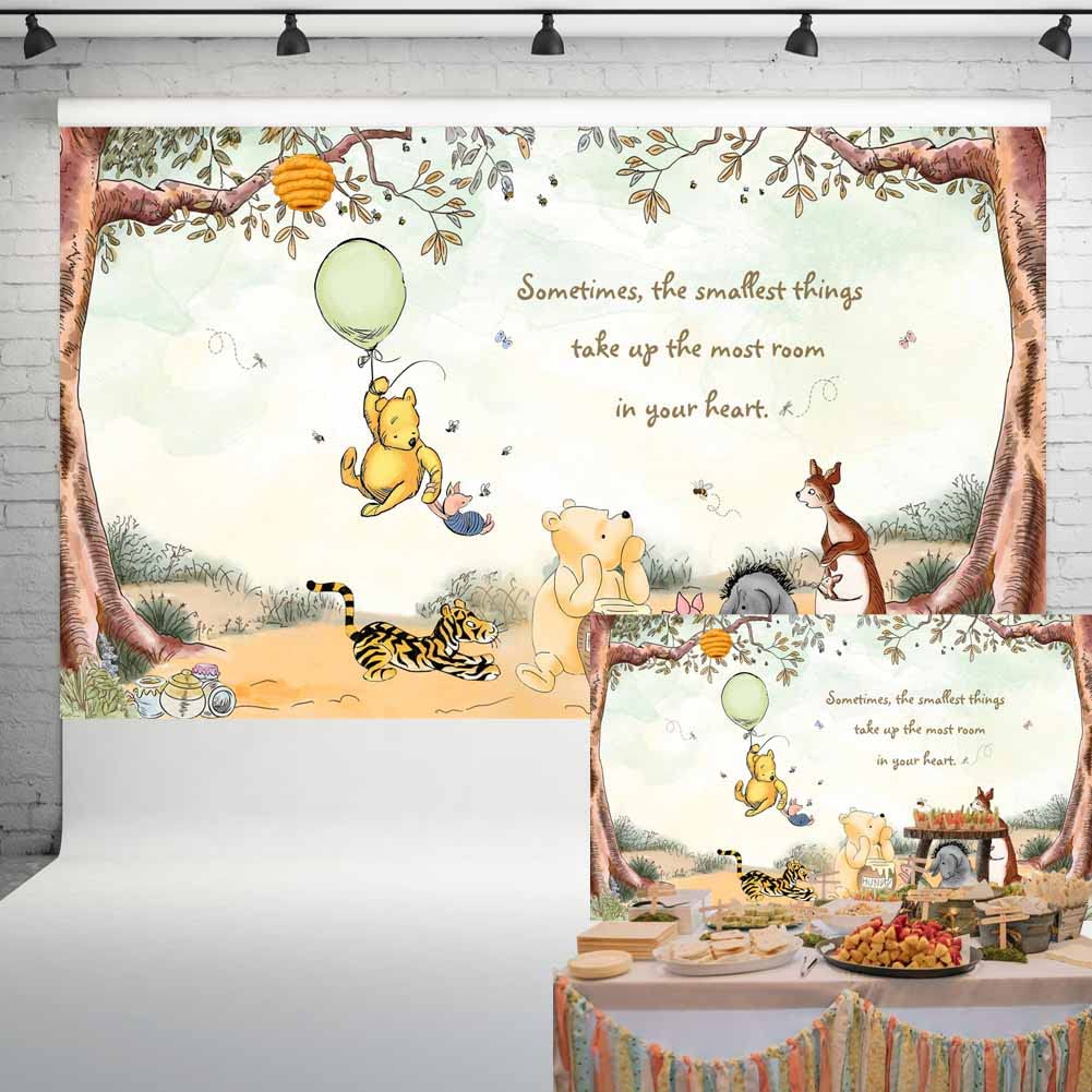 Vintage Pooh Bear Baby Shower Decorations Classic Winnie Neutral Backdrop With Green Balloon Newborn Birthday Cake Table Backgro