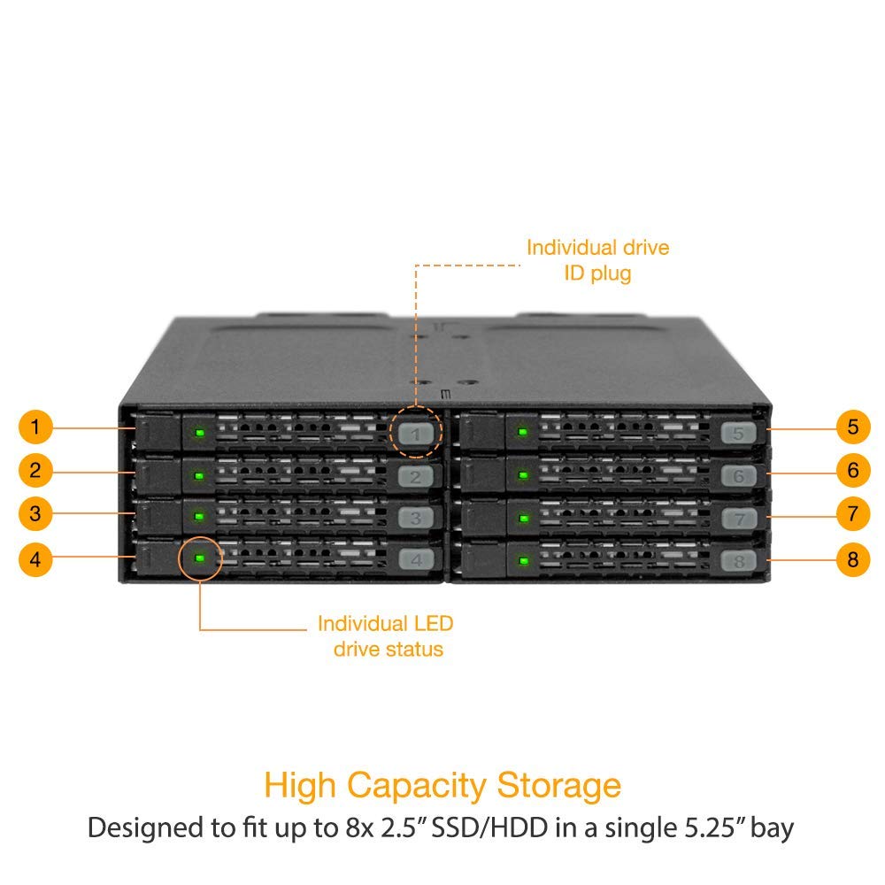 Icy Dock Full Metal 8 X 2.5 Sas/Sata Hdd/Ssd Moblie Rack Enclosure For 5.25 Bay | Tougharmor Mb998Sp-B