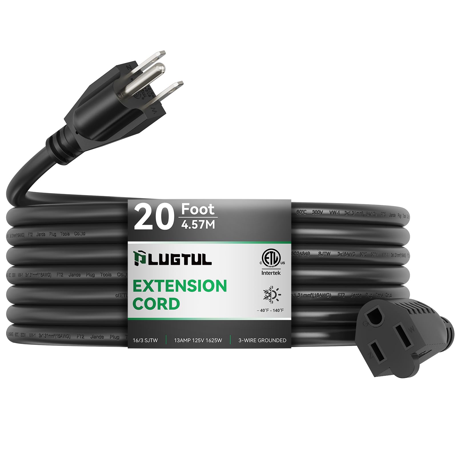 Plugtul Extension Cord 20 Ft, 16/3 Outdoor Extension Cord Waterproof, Heavy Duty 3 Prong Extension Cord Black, 13A 1625W Sjtw, E