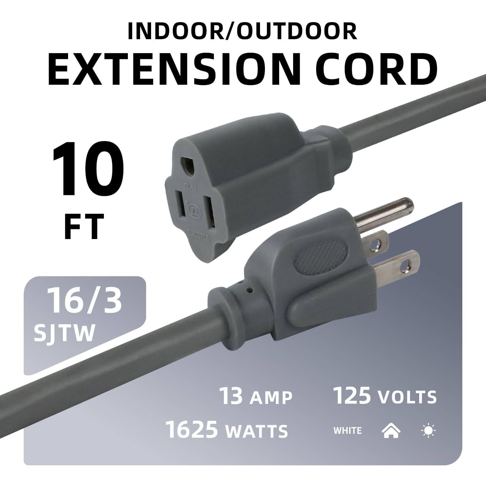 Ep 2 Pack 10 Ft Outdoor Extension Cord, 16/3 Sjtw Heavy Duty Power Cord, 3 Prong Grounded Plug, Waterproof, Cold Resistant, 13A