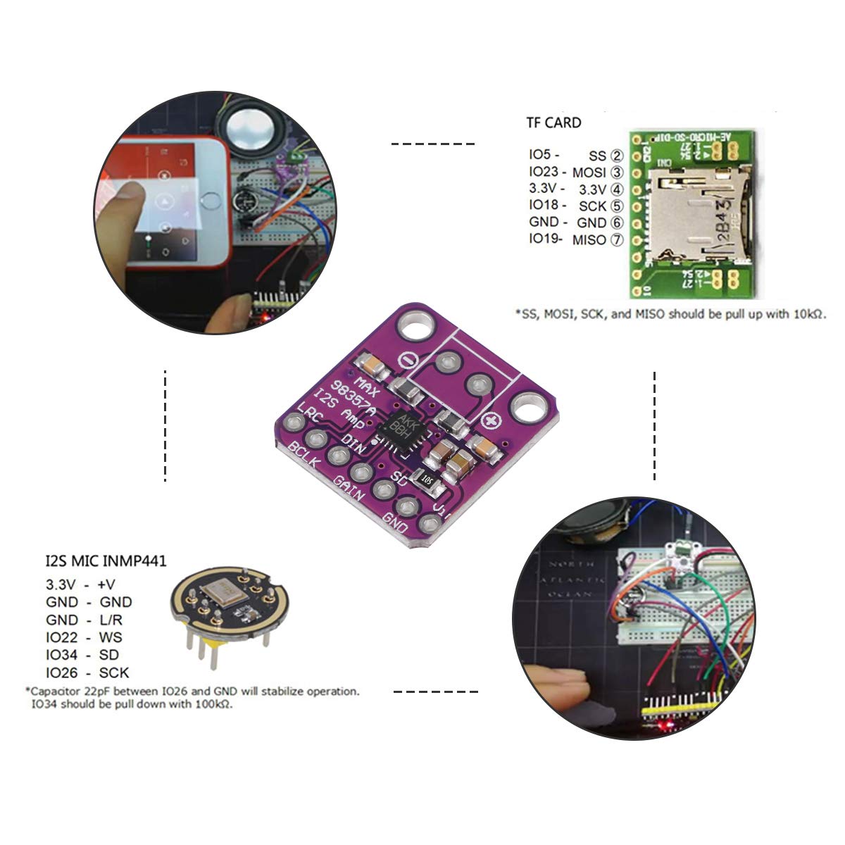Makerhawk Max98357 I2S Audio Amplifier Module,Audio Amplifiers Filterless Class D Amplifier,Supports Esp32 Raspberry Pi