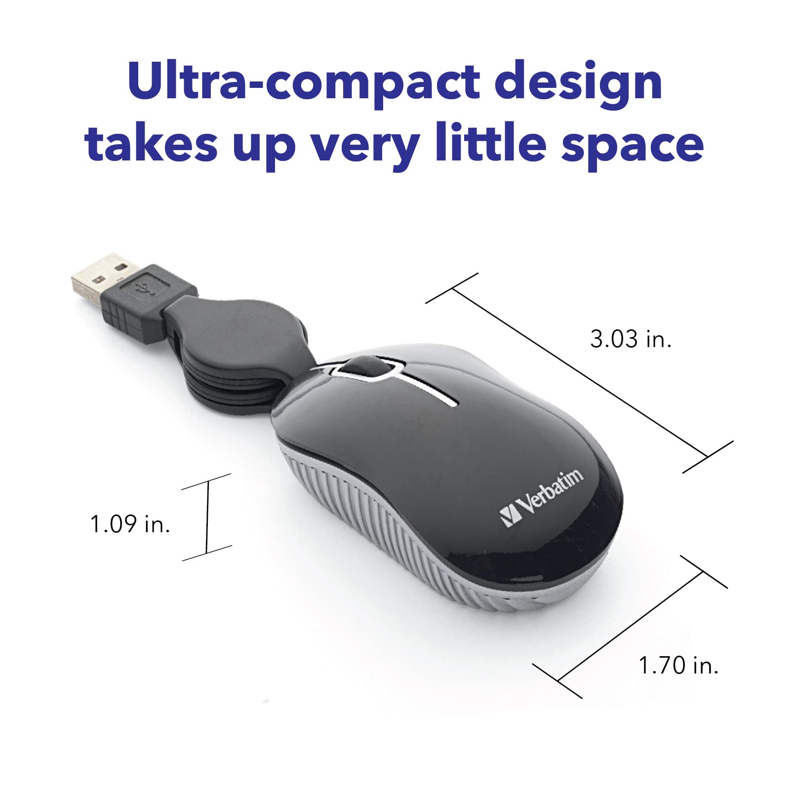 Verbatim Wired Optical Computer Mini Usb A Mouse   Plug & Play Corded Small Travel Mouse With Retractable Cable   Black 98113