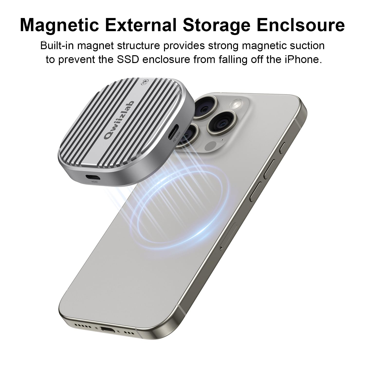 Qwiizlab Magnetic 2230 Nvme Ssd Enclosure, Magsafe For Iphone 16/15 Pro Max Prores, 10Gbps Usb Type C, 100W Pd Charge, Fits Pcie