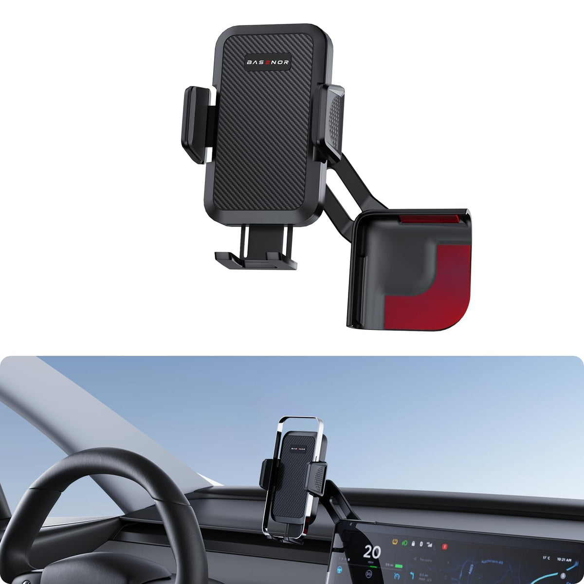 Basenor Upgraded Tesla Phone Mount Holder [Large Screen User Friendly] Model 3 Y Strong Adhesion 360 Swivel Cell Phone Stand Tes