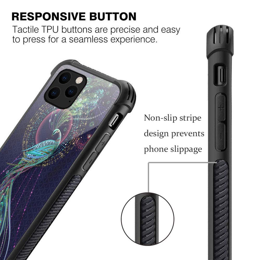 ZHEGAILIAN Phone Case for iPhone 12 Mini Peacock Design Organic Glass TPU Green 5.4 inch