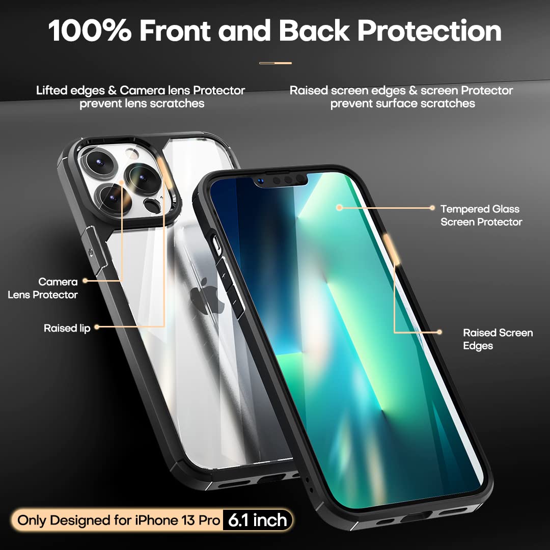 Tauri 5 In 1 For Iphone 13 Pro Case Black, [Not Yellowing] [Military Grade Protection] Slim Shockproof Phone Lanyard Case For Ip