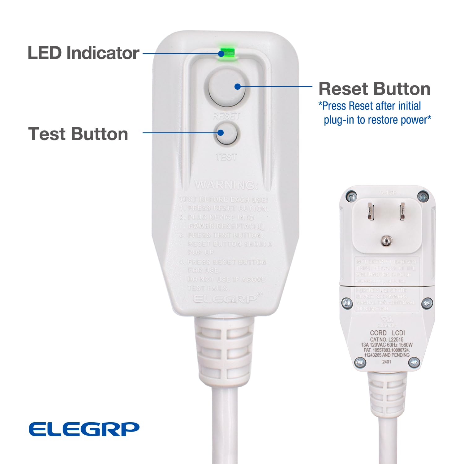 Elegrp 0651513Ly L15515 L22515 16Awg Lcdi Power Cord Plug For A/C Air Conditioner, E250451 Ul Certified, 7.5Ft Leakage Current D
