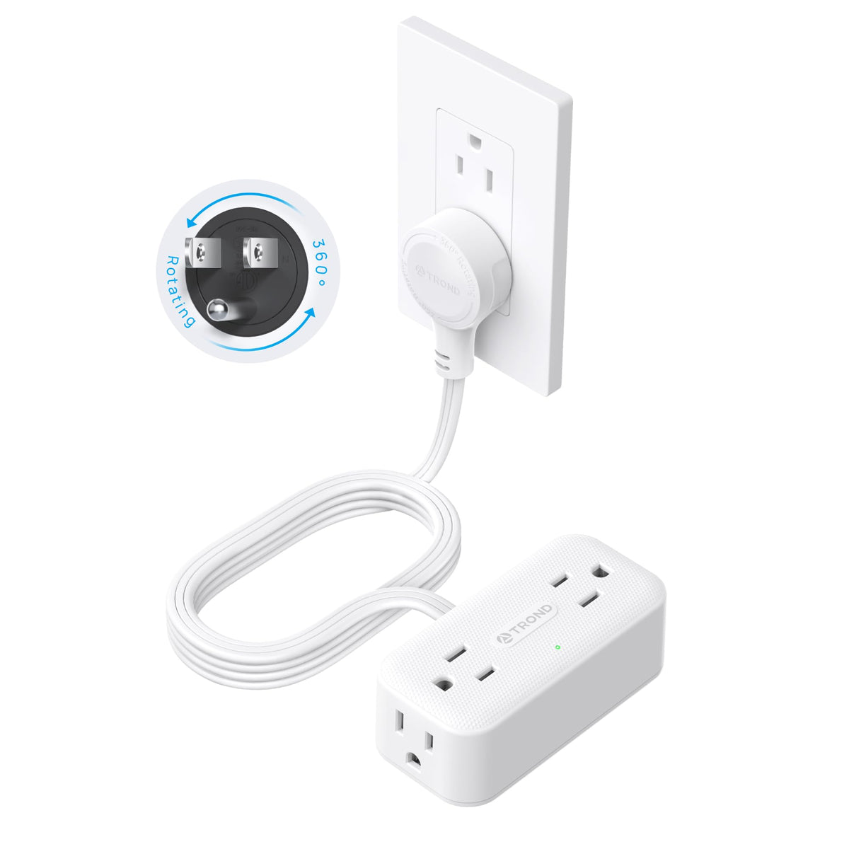 Trond 360 Rotating Plug 3Ft Extension Cord, 4 Widely Spaced Ac Outlets, Flat Plug Surge Protector, Wall Mount, Surge Protection 