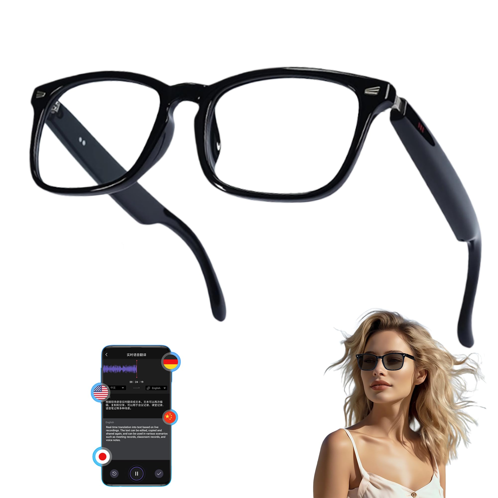 MNVOEQ AI Smart Wireless Bluetooth Translation Glasses for Men/Women with Speakers/Bluetooth&140+ Languages Translation Sports/T