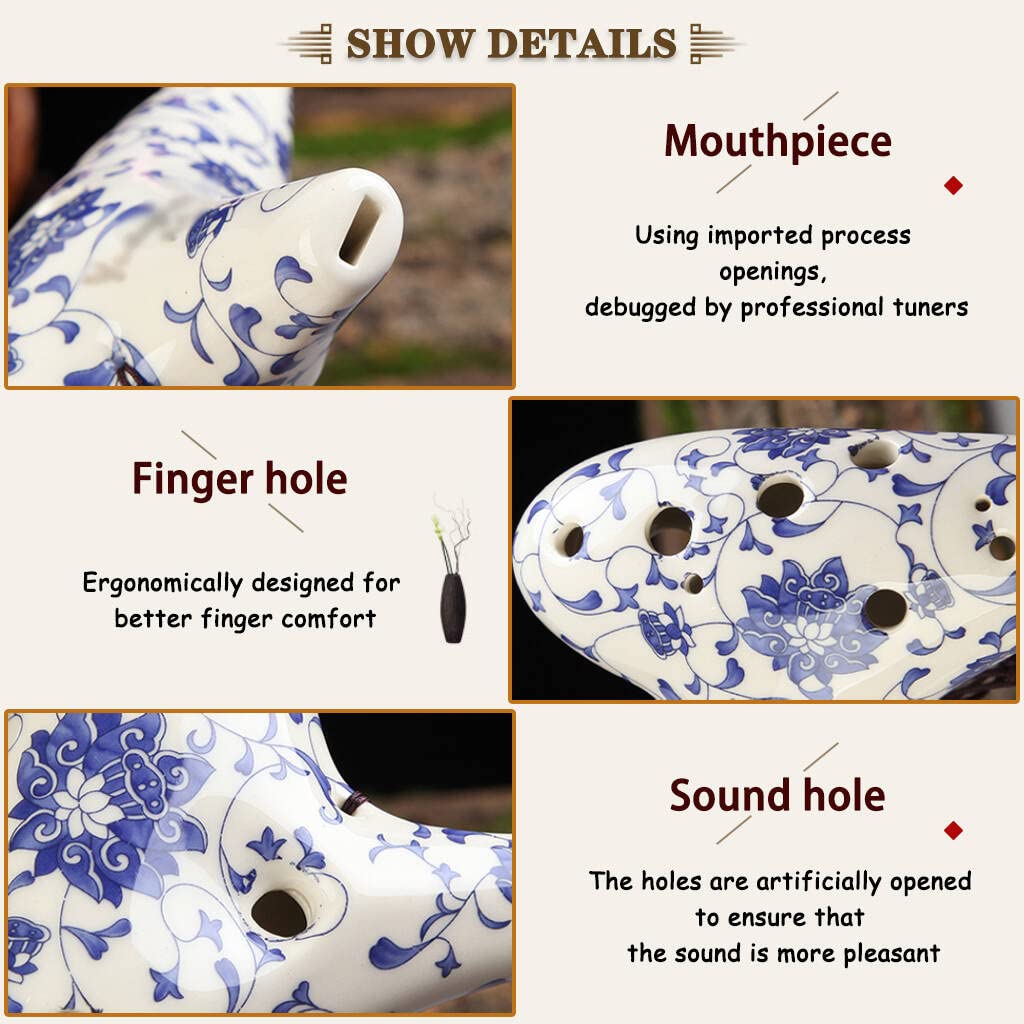 12 Hole Alto C Ocarina With Protective Bag, Hand Painted Blue And White Porcelain Musical Instrument, Porcelain Clay Collectible