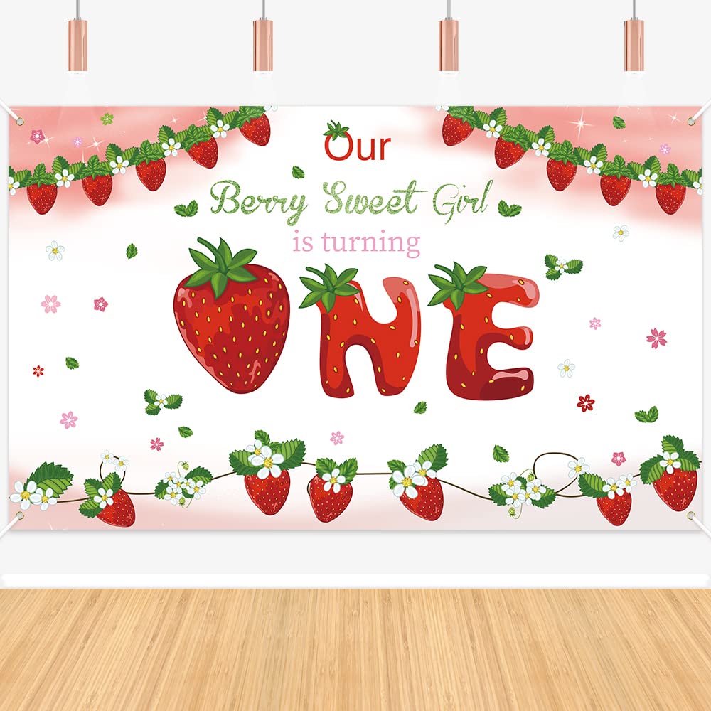 Strawberry 1St Birthday Backdrop For Girls, Our Berry Sweet Is Turning Baby Girls First Birthday Background, 42.9 X 70.2 Inches