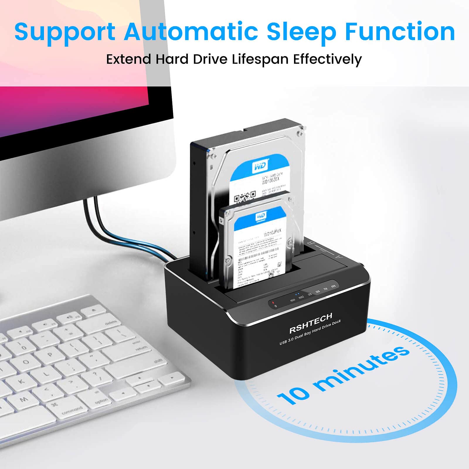 RSHTECH Hard Drive Dock - USB 3.0 Dual Bay SATA Docking Station for 2.5 & 3.5 inch HDD/SSD, Offline Clone, Black, Model RSH