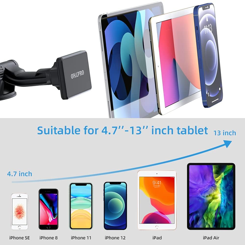Ohlpro Dashboard Magnetic Tablet Holder For Car, Windshield Ipad Car Phone Suction Cup Mount With Magnets, For All 6-11 Apple Ph