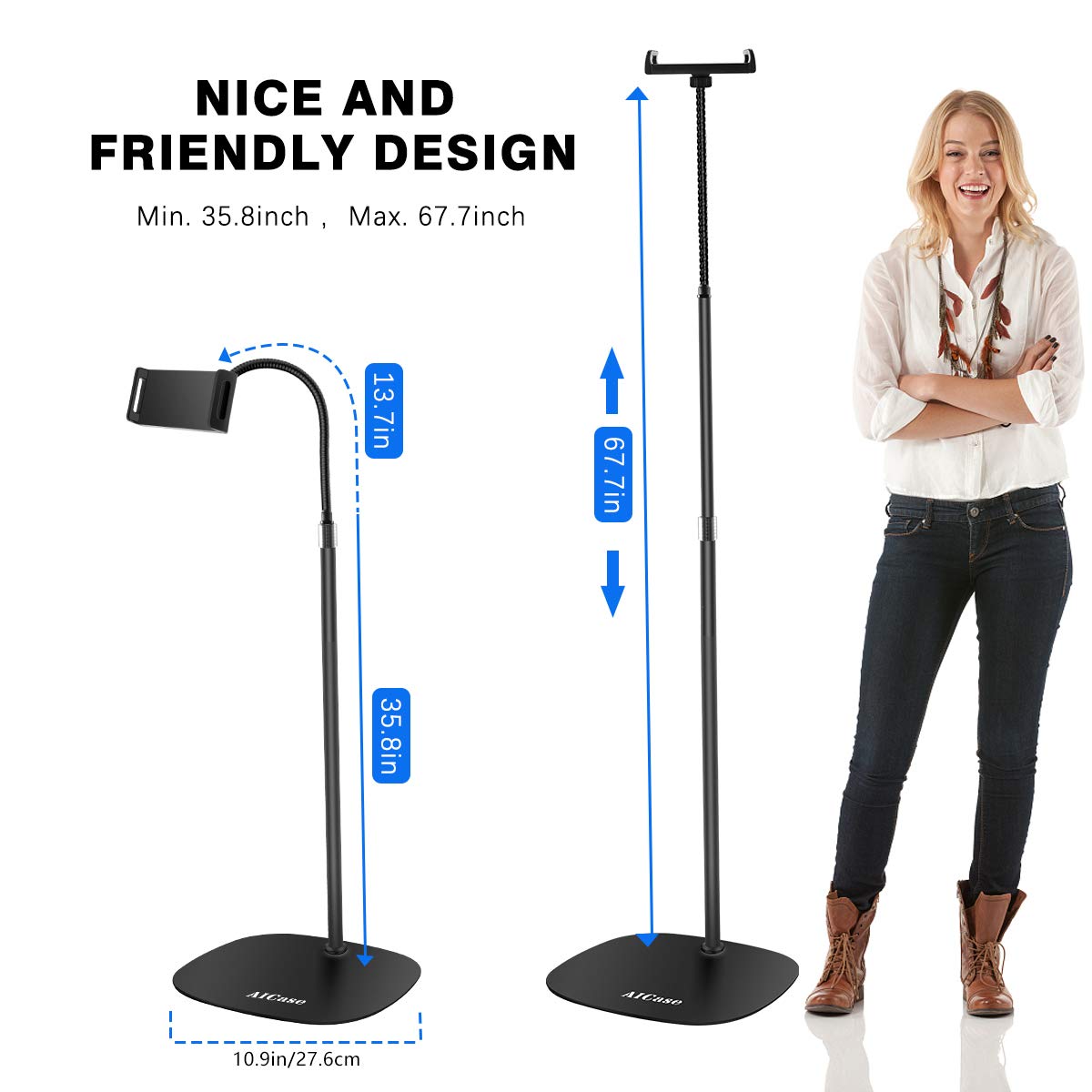 AICase Aluminium Adjustable Height Adjustable (91 cm   137 cm) & 2.2 kg Stable Base with Gooseneck Compatible with iPad/Tablet from 4.6 13 Inches/Mobile Phone Holder Holder Floor Stand