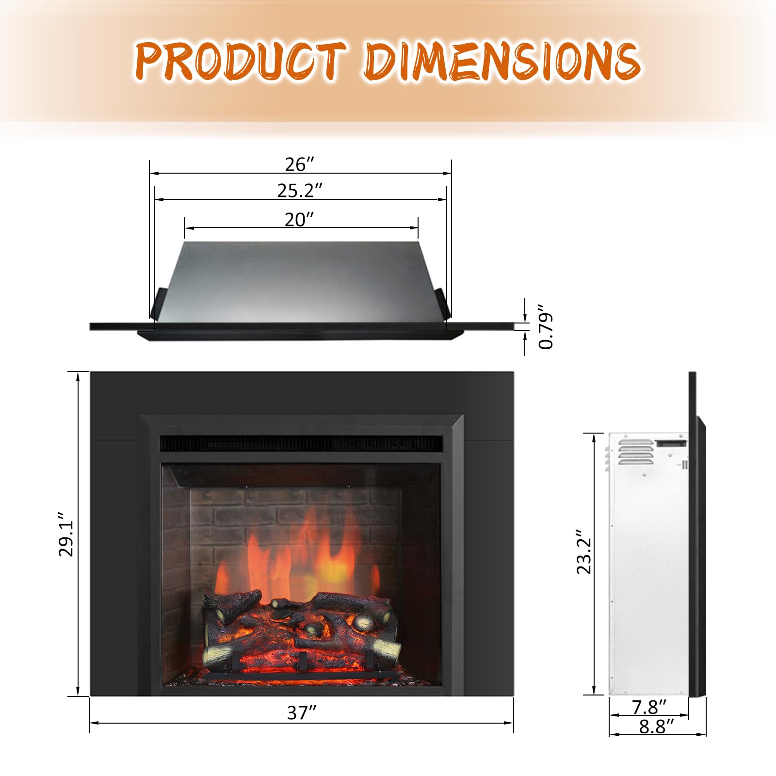 Puraflame Western 26'' Electric Fireplace Insert With Trim Kit, Fire Crackling Sound, Resin Log, Remote Control, 750/1500W Heate